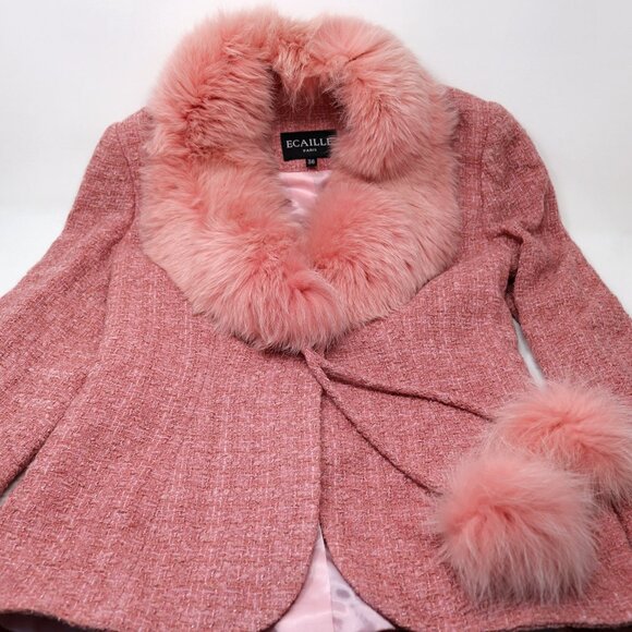 Ecaille Paris Designer Pink Fox Fur Trim Tweed Blazer Skirt Set - Picture 7 of 10